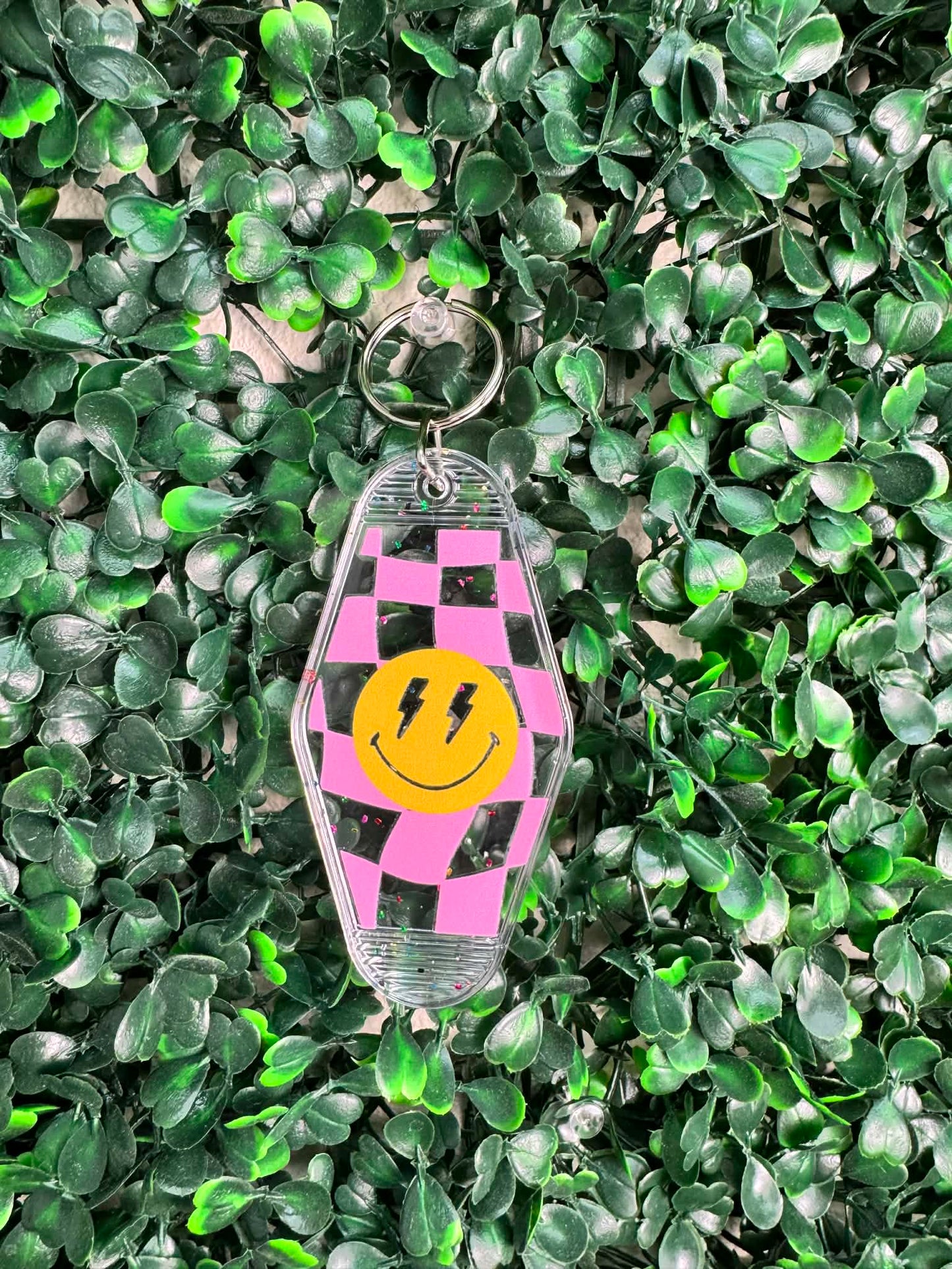 Smiley Face/ Checker Board Pattern - Clear Keychain